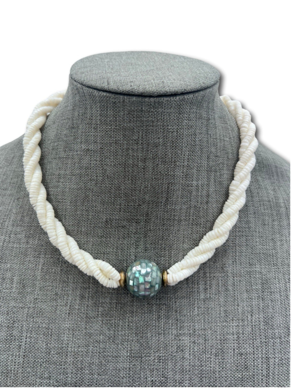 White Beaded Necklace Iridescent Mosaic Accent Vintage Resort Wear